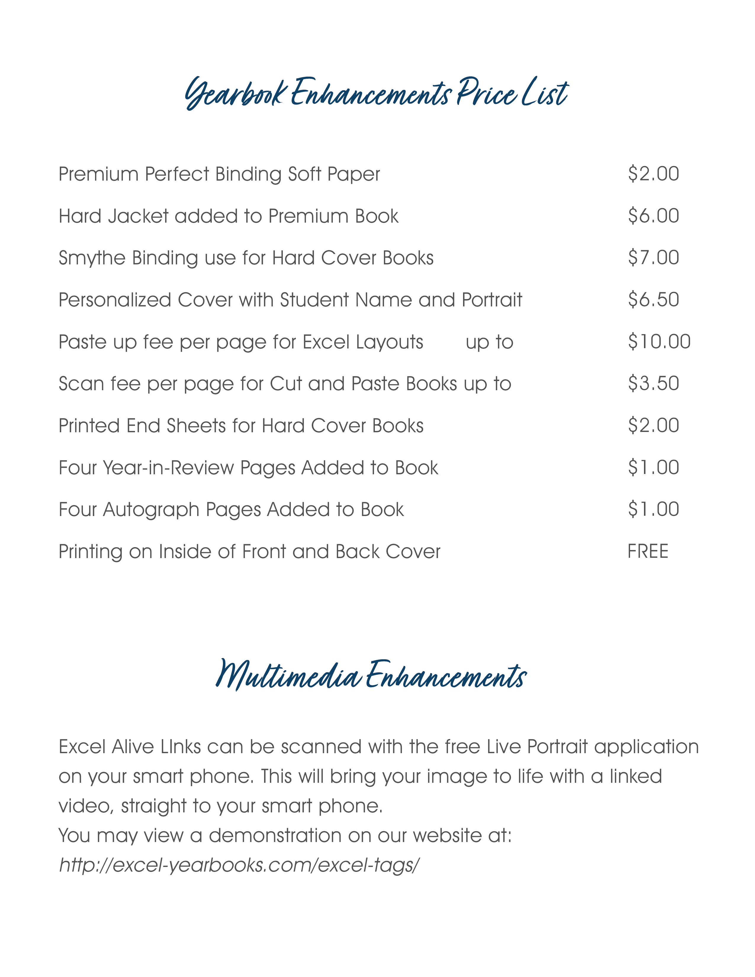 Yearbook Enhancements, Add On's Price List